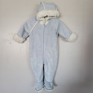 Nordstrom Baby NWOT Blue Suede Pram White Furry Lined Footie One Piece Boy 6 Mon